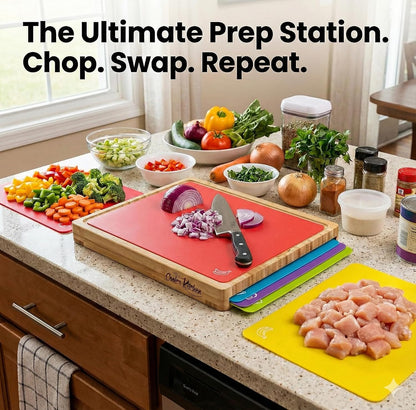 Bamboo Cutting Board Set with 6 Color Coded Flexible Mats Food Icons, BPA-Free Non Slip Easy Clean Cutting Boards for Kitchen with Holder, Dishwasher Safe, Meal Prep & Serving, Large | Cooler Kitchen