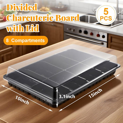 Shellwei 5 Pack 8 Compartments Divided Charcuterie Board with Lid Large 15 x 10 Inch Disposable Catering Serving Trays with Lid Reusable Plastic Serving Platter