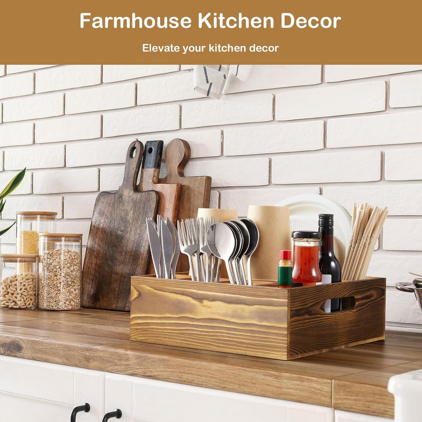 Acacia Wood Utensil Holder for Party, 6-Compartment Paper Plate and Silverware Organizer with Handles, Rustic Utensil Caddy for Parties, Outdoor Gatherings, and Kitchen Countertop Organization