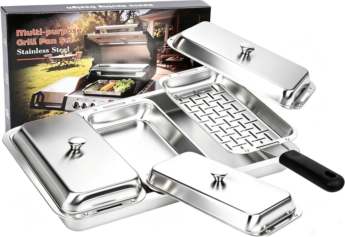 BBQ Vegetable Grill Basket Set, 4 Piece Stainless Steel Grill Pan Set with Universal Handle & lid, Dishwasher Safe, for Outdoor Cooking, Camping, Picnic, For Grilling Fish Veggies & Meats