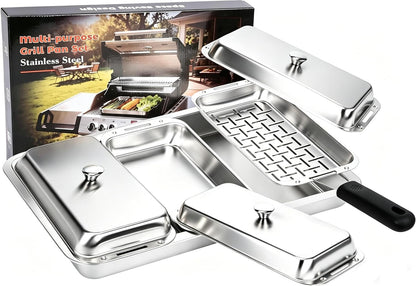 BBQ Vegetable Grill Basket Set, 4 Piece Stainless Steel Grill Pan Set with Universal Handle & lid, Dishwasher Safe, for Outdoor Cooking, Camping, Picnic, For Grilling Fish Veggies & Meats