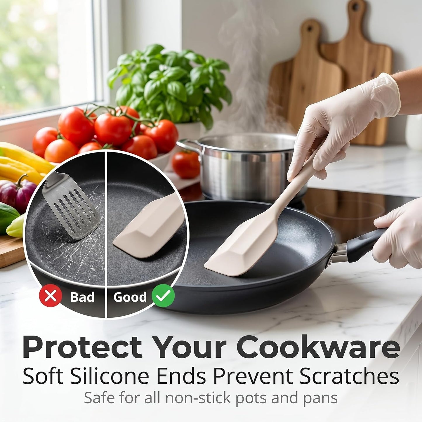 LIANYU Non-Toxic Silicone Kitchen Utensils Set, 8 Piece Non-Scratch Cooking Spoons & Spatulas, Stainless Steel Core, Heat Resistant & Dishwasher Safe, Khaki