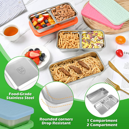 4 Pack Stainless Steel Snack Containers Set, Mixed Single & 2 Compartment Bento Boxes with Silicone Lids, Leakproof Food Storage for Meal Prep, Lunch, Travel, Picnic, Camping, Kitchen Organization