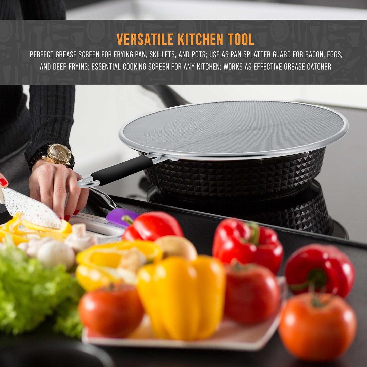 U.S. Kitchen Supply 3-Piece Stainless Steel Splatter Guard Set (13", 11.5", 9.5") Fine Mesh Cover, Grease & Oil, Splatter Screen for Frying Pan, Cooking Pots, with Resting Feet & Comfort Grip Handles