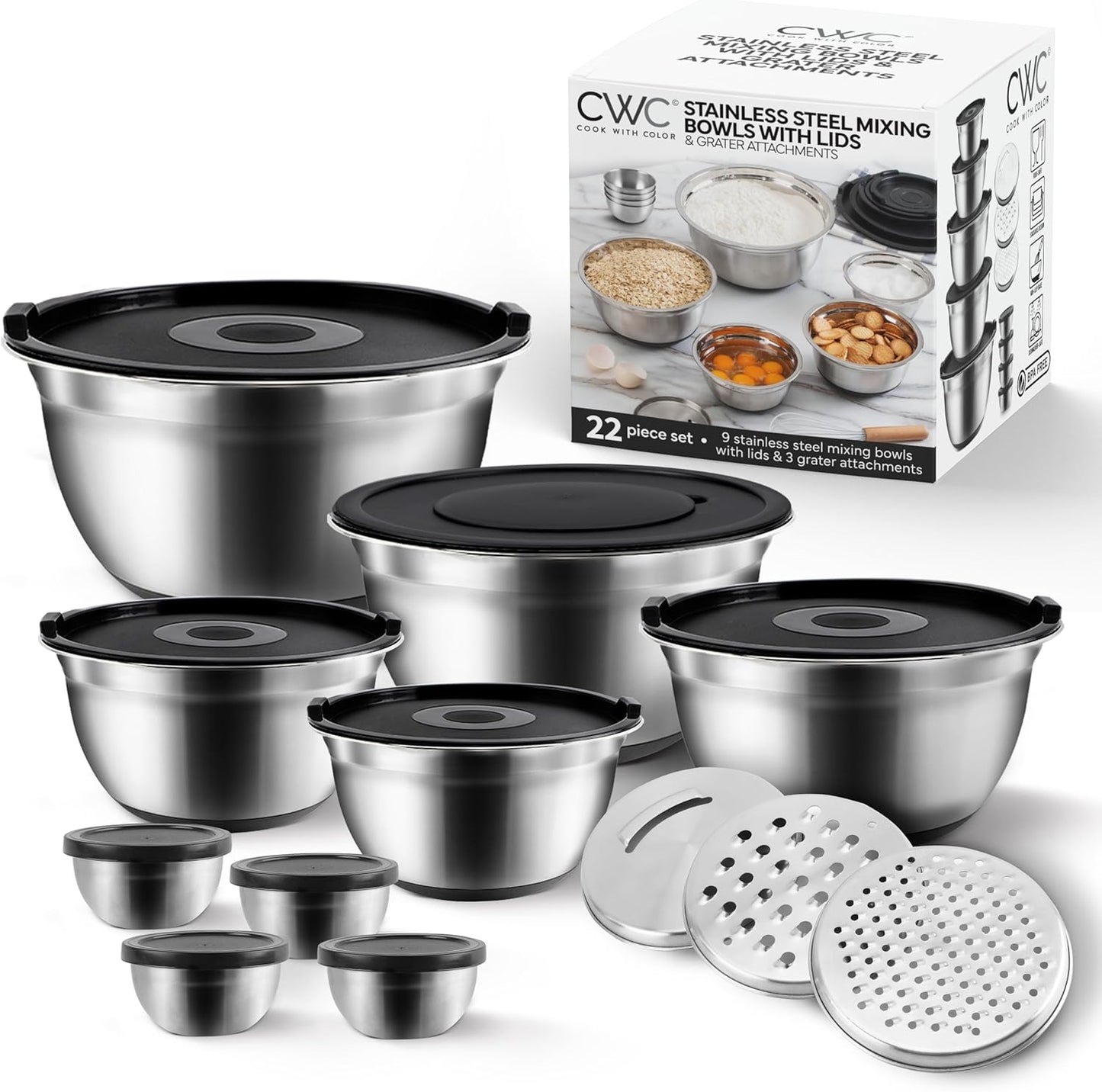 COOK WITH COLOR Stainless Steel Mixing Bowls Set with Lids - Nesting Bowls with Non-Slip Bottom, Sage, 12 Pieces