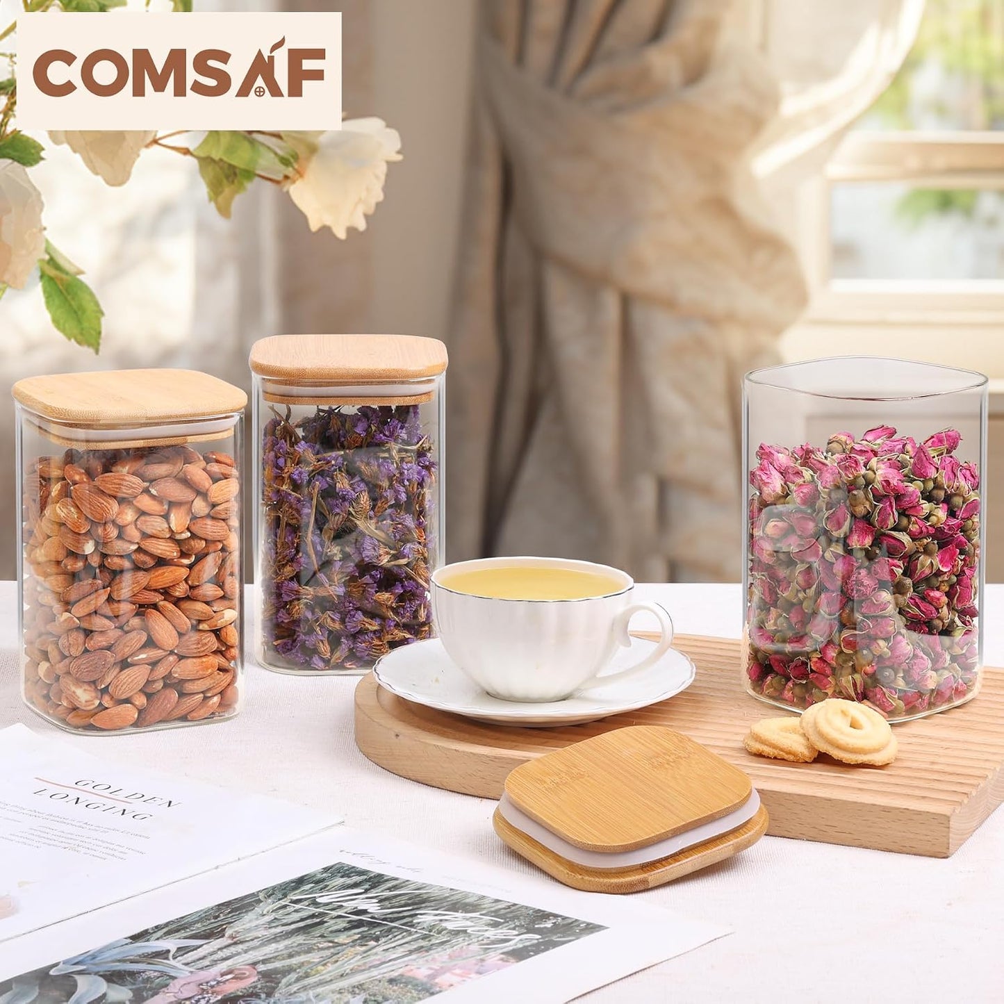 ComSaf 2Pcs Large Glass Storage Containers with Lids 4Qt, 1 Gallon Wide Mouth Flour Sugar Storage Containers, Large Capacity and Sealed for Rice, Cereal, Oat, Easy Clean and Scoop, Pantry Organization