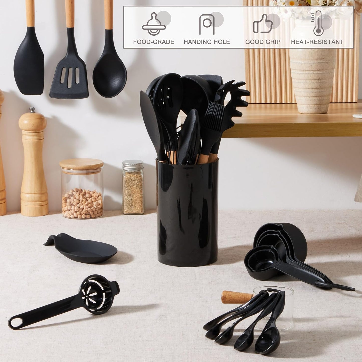 E-far Silicone Cooking Utensils Set, 5-Piece Kitchen Utensils Set with Wooden Handle for Cooking, Silicone Kitchen Nonstick Tools Spatula Turner Slotted Spoons, Nontoxic & Heat Resistant-Khaki