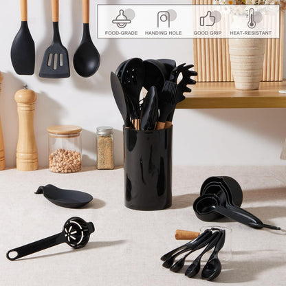 E-far Silicone Cooking Utensils Set, 5-Piece Kitchen Utensils Set with Wooden Handle for Cooking, Silicone Kitchen Nonstick Tools Spatula Turner Slotted Spoons, Nontoxic & Heat Resistant-Khaki