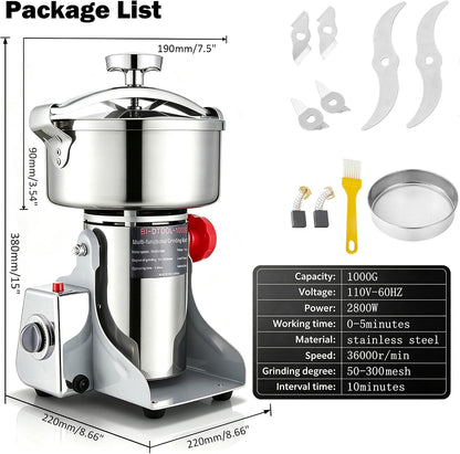 BI-DTOOL Electric Grain Mill Grinder 2000W Dry Material Grinding Machine 800g Stainless Steel Pulverizer 36000r/min High-speed Grain Mill 270° swingable Superfine powder for Home and Commercial 800g