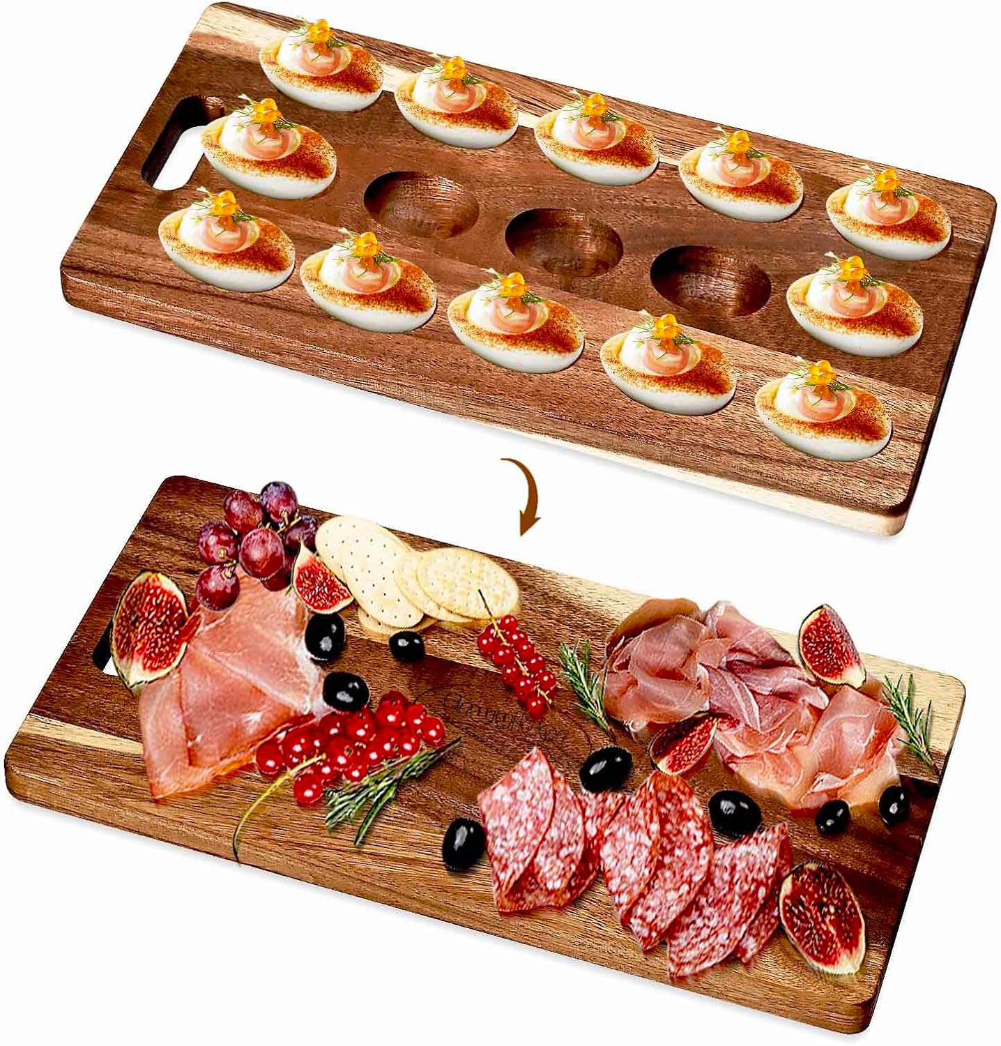 2-Pack 24 Holes Deviled Egg Platter,Acacia Wooden Round Deviled Egg Charcuterie Board Tray Holder Carrier with Handle for Kitchen Countertops