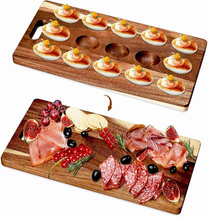 2-Pack 24 Holes Deviled Egg Platter,Acacia Wooden Round Deviled Egg Charcuterie Board Tray Holder Carrier with Handle for Kitchen Countertops