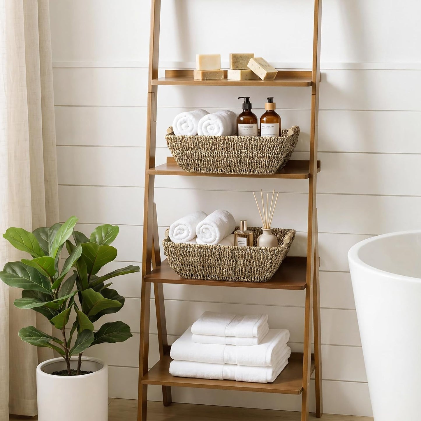 StorageWorks Hand-Woven Storage Baskets with Wooden Handles, Water Hyacinth Wicker Baskets for Organizing, 2 Pack