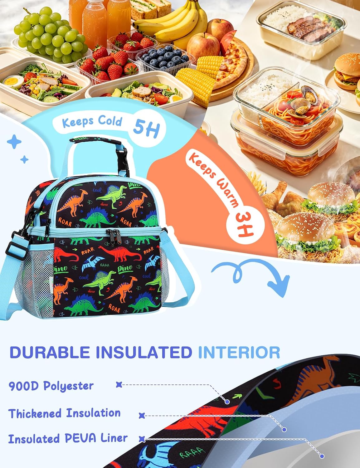 VASCHY Lunch Box Bag for Kids, Insulated Double Compartments Cooler Lunch Tote for Toddlers Boys Girls School/Daycare/Picnic Black Dinos