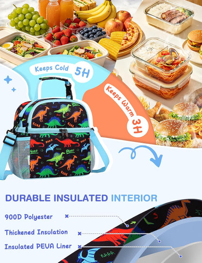 VASCHY Lunch Box Bag for Kids, Insulated Double Compartments Cooler Lunch Tote for Toddlers Boys Girls School/Daycare/Picnic Black Dinos