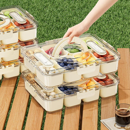 2 Pack Divided Serving Tray with lid and Handle, 8 & 4 Compartments Snackle Box with Utensils, Fridge Food Veggie Condiment Storage, Kitchen Clear Food Container for Picnic, Camping, School