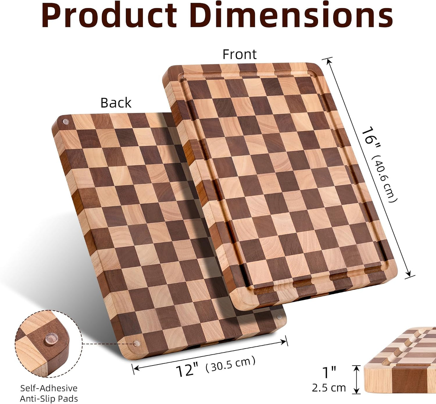 Cutting Board Set of 2 – Checkered Wood & Acrylic Cutting Board with Counter Lip for Kitchen Counter, Wood Checkerboard Chopping Board with Juice Grooves for Vegetables, Fruits, Meat