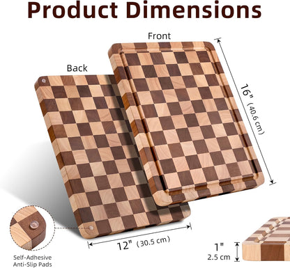 Cutting Board Set of 2 – Checkered Wood & Acrylic Cutting Board with Counter Lip for Kitchen Counter, Wood Checkerboard Chopping Board with Juice Grooves for Vegetables, Fruits, Meat