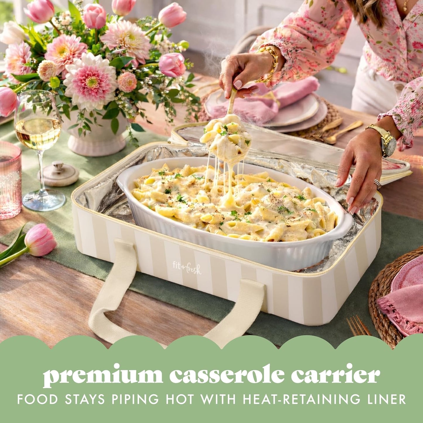 Fit & Fresh Insulated Casserole Carrier - Double Decker Food Carrier Fits Two 9x13 Dishes, Expandable Hot & Cold Food Transport Bag with Zipper Pocket for Potluck, Easter & Travel, Pink Gingham