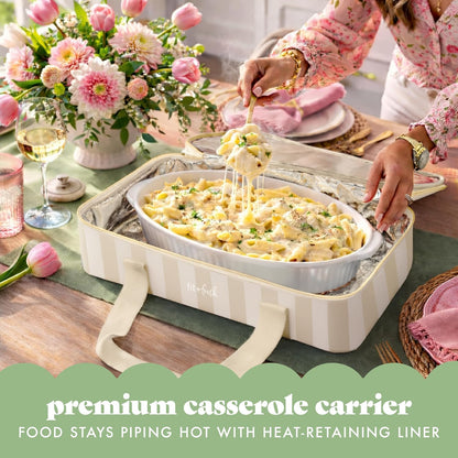 Fit & Fresh Insulated Casserole Carrier - Double Decker Food Carrier Fits Two 9x13 Dishes, Expandable Hot & Cold Food Transport Bag with Zipper Pocket for Potluck, Easter & Travel, Pink Gingham