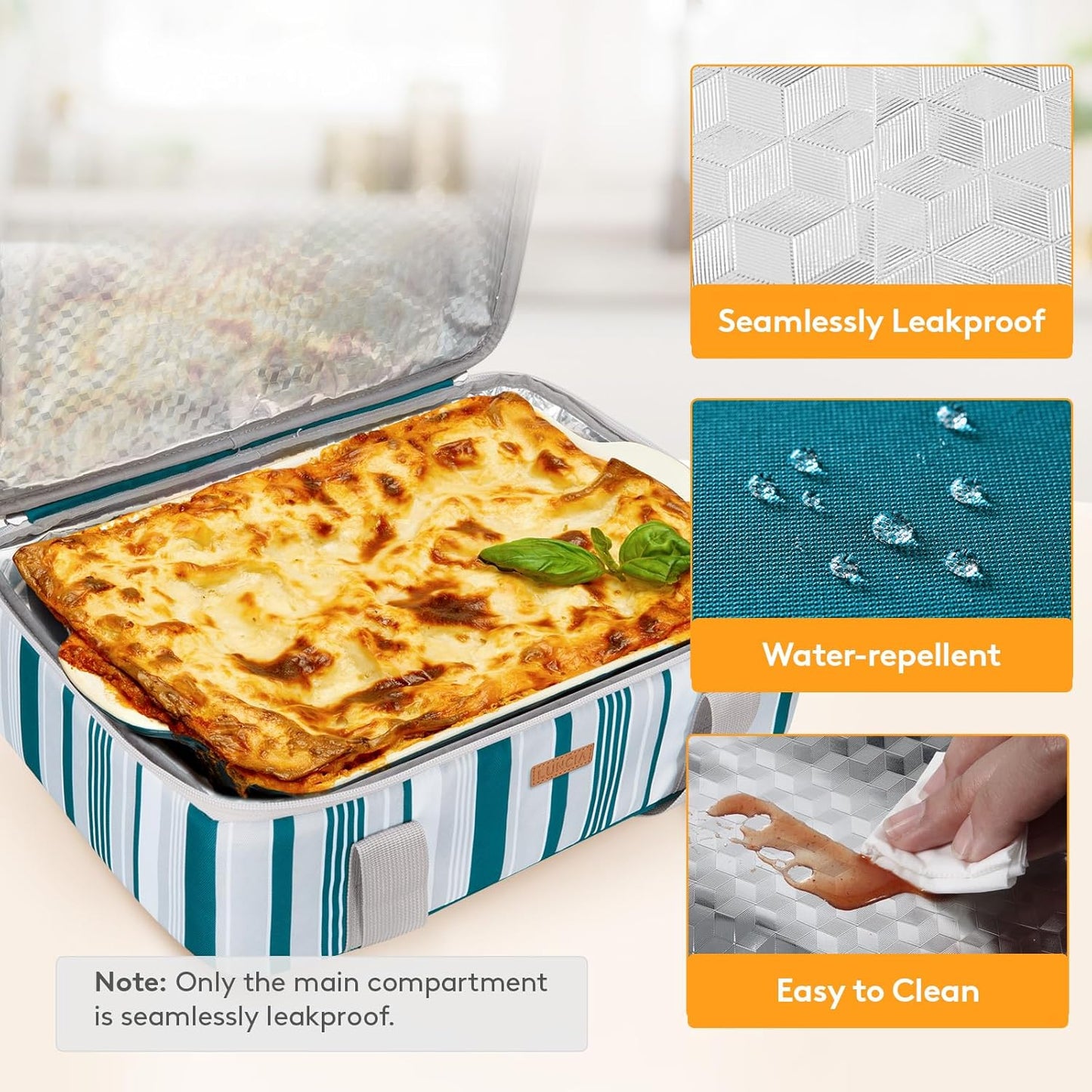 LUNCIA Insulated Single Decker Casserole Carrier, Lasagna Lugger Tote Keeps Food Hot or Cold, Thermal Lunch Bag for Potluck Parties, Picnic and Cookouts, Fits 9" x 13" Baking Dish, Black