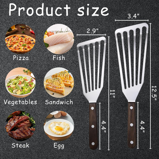 2Pcs Fish Spatula Stainless Steel, Slotted Spatula Durable Lightweight Fish Turner Flexible Metal Spatula for Flipping Fish Eggs Steaks Burgers Cooking and Baking