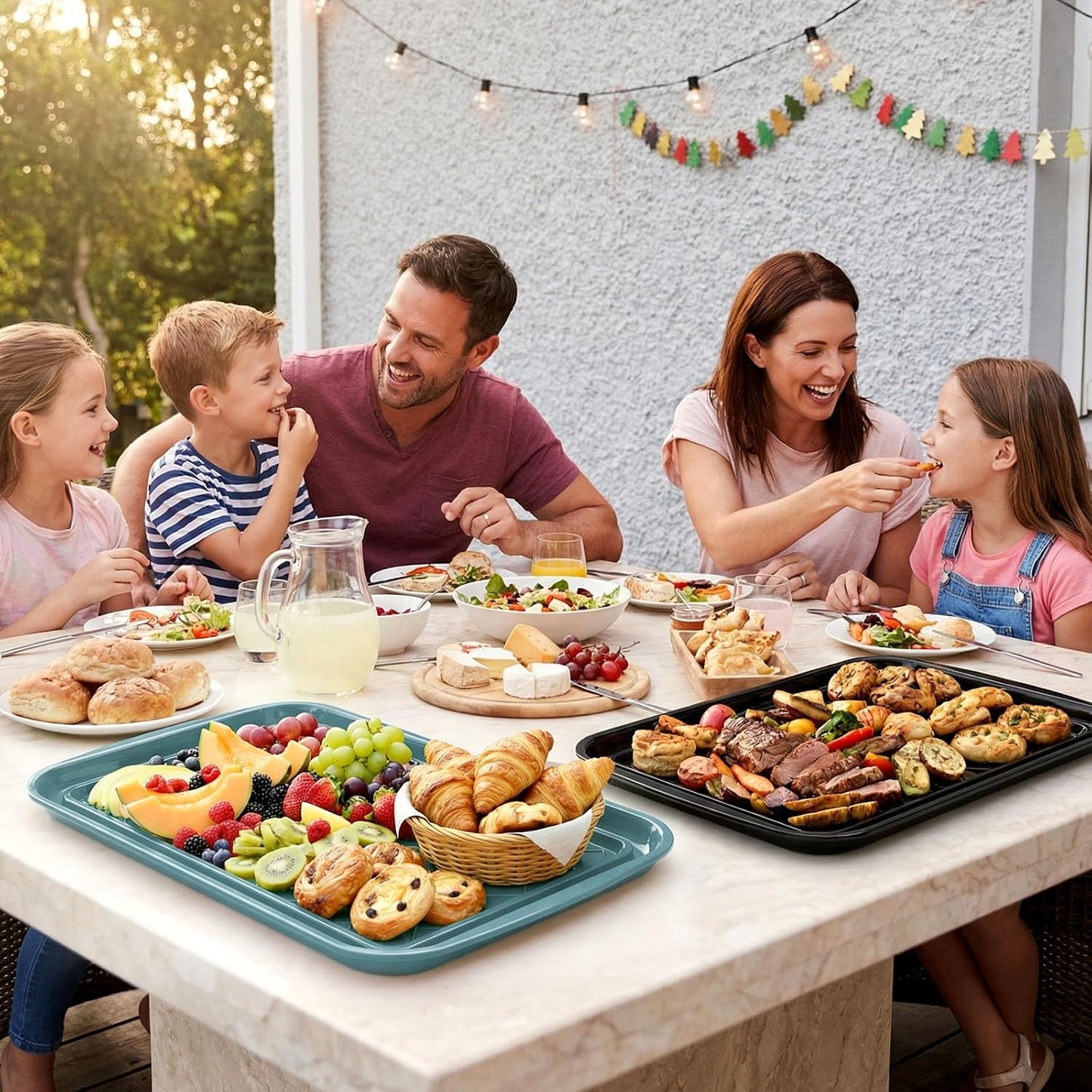 Grilling Prep & Serving Tray, Set of 2 Stackable Plastic BBQ Trays for Raw and Cooked Food, Dishwasher Safe, 17"×10.5" Outdoor Cooking, BBQ Accessories for Parties, Green & Black