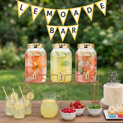 Tanlade 3 Pcs Plastic Drink Dispenser with Stand Beverage Dispenser with Sturdy Metal Base Juice Dispensers for Parties Lemonade Jar Spigot for Weddings Countertop, Each 1 Gallon(White)