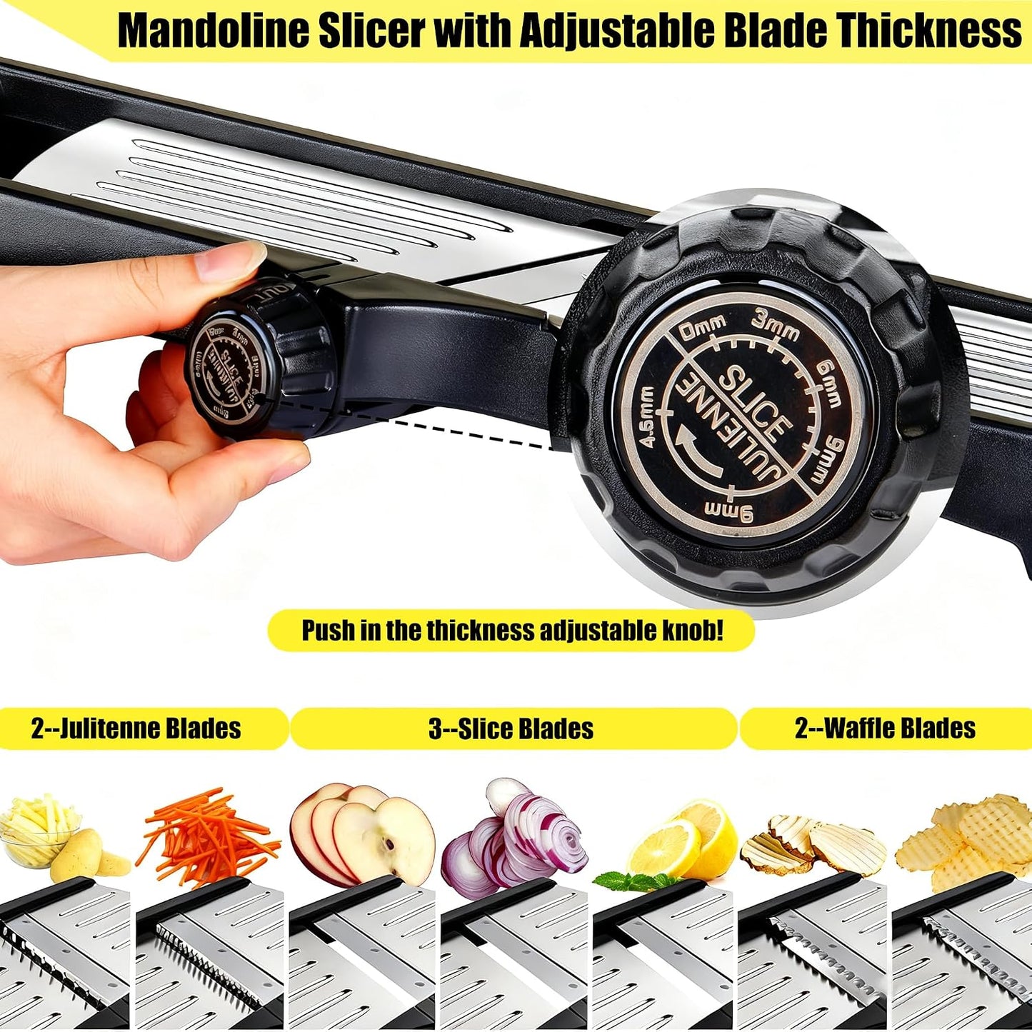 Mandoline Food Slicer for Kitchen, Adjustable Stainless Steel Mandoline Vegetable Slicer, Onion/Potato Slicer/French Fry Cutter, 6-Piece Fruit & Vegetable Cutting Set (Black/Silver)