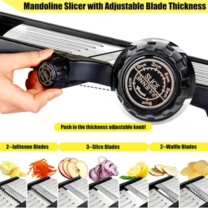 Mandoline Food Slicer for Kitchen, Adjustable Stainless Steel Mandoline Vegetable Slicer, Onion/Potato Slicer/French Fry Cutter, 6-Piece Fruit & Vegetable Cutting Set (Black/Silver)