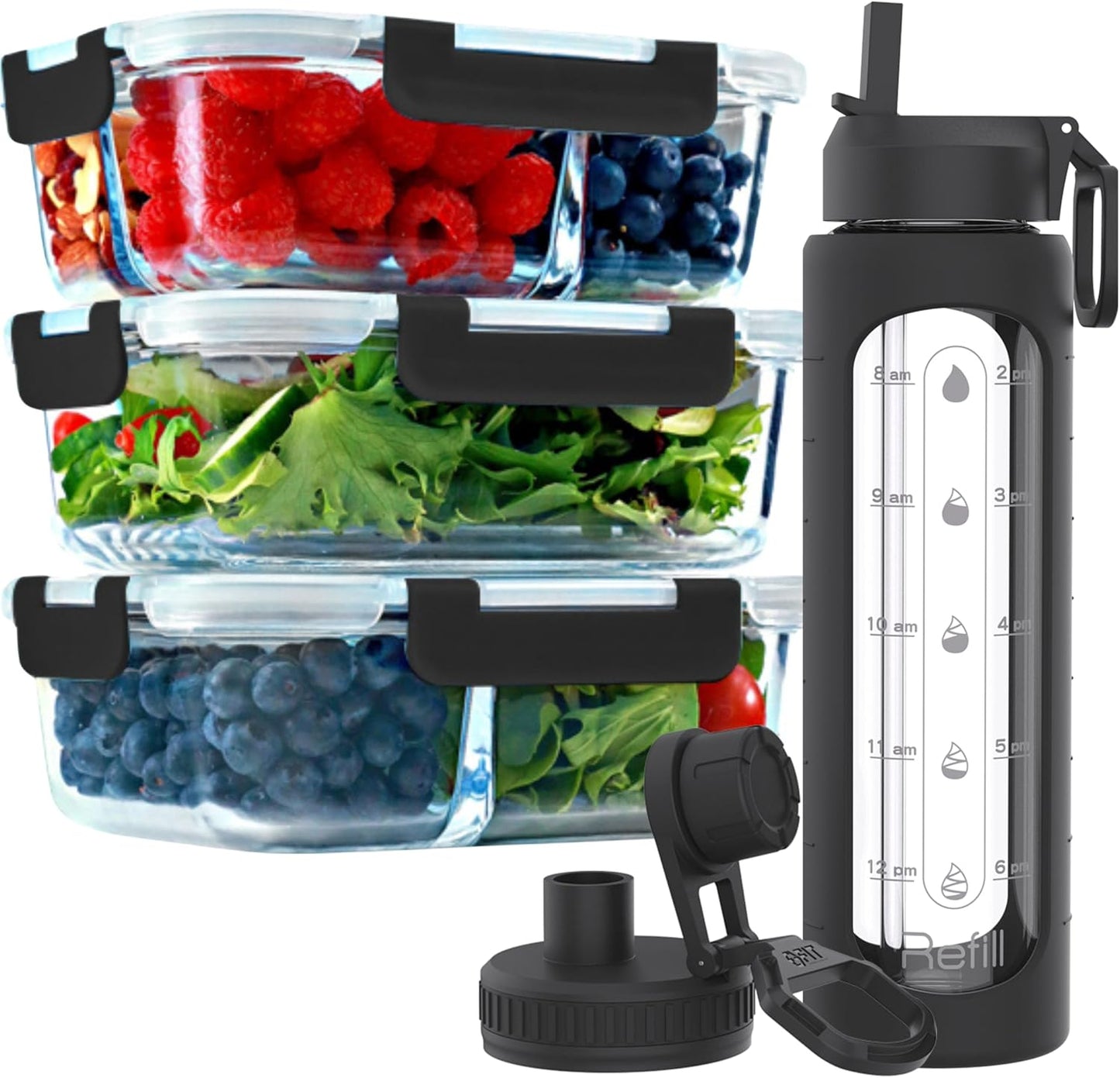 FIT Strong & Healthy 1, 2 & 3 Compartment Glass Meal Prep Containers with BLACK Lids (3 Pack, 35 oz) and 32 oz Glass Water Bottle with Straw Lid, Time Marker, Sleeve & Extra Lid Bundle