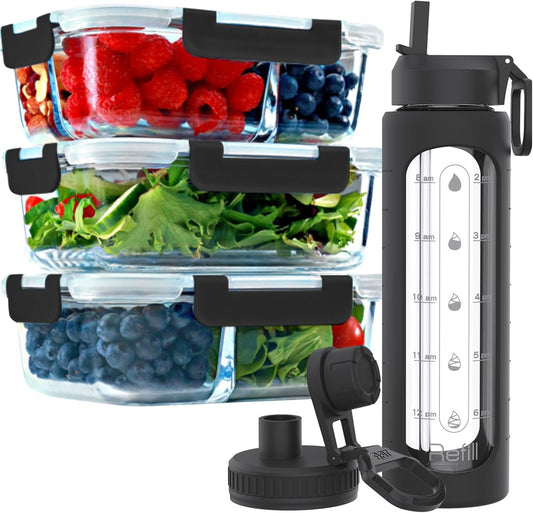 FIT Strong & Healthy 1, 2 & 3 Compartment Glass Meal Prep Containers with BLACK Lids (3 Pack, 35 oz) and 32 oz Glass Water Bottle with Straw Lid, Time Marker, Sleeve & Extra Lid Bundle