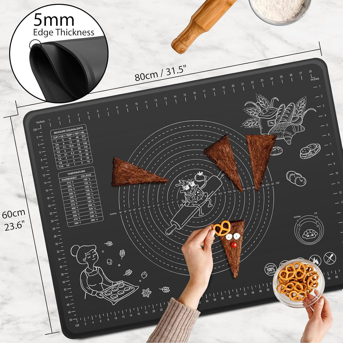 Silicone Baking Mat 28" x 20" Extra Thickness Dough Rolling Mat with Measurements and Edge Heightening, Non-stick Food Grade Silicone Pastry Mat for Pastry, Bread, Cookies, Pizza, Fondant, Pasta-Black