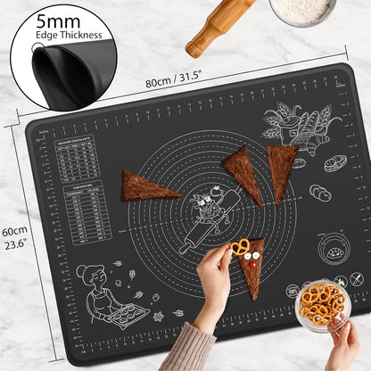 Silicone Baking Mat 28" x 20" Extra Thickness Dough Rolling Mat with Measurements and Edge Heightening, Non-stick Food Grade Silicone Pastry Mat for Pastry, Bread, Cookies, Pizza, Fondant, Pasta-Black