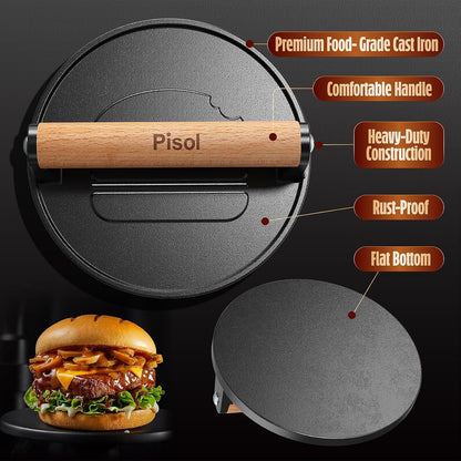Pisol Smash Burger Press, Cast Iron Steak Weight Meat Patty Press Tool