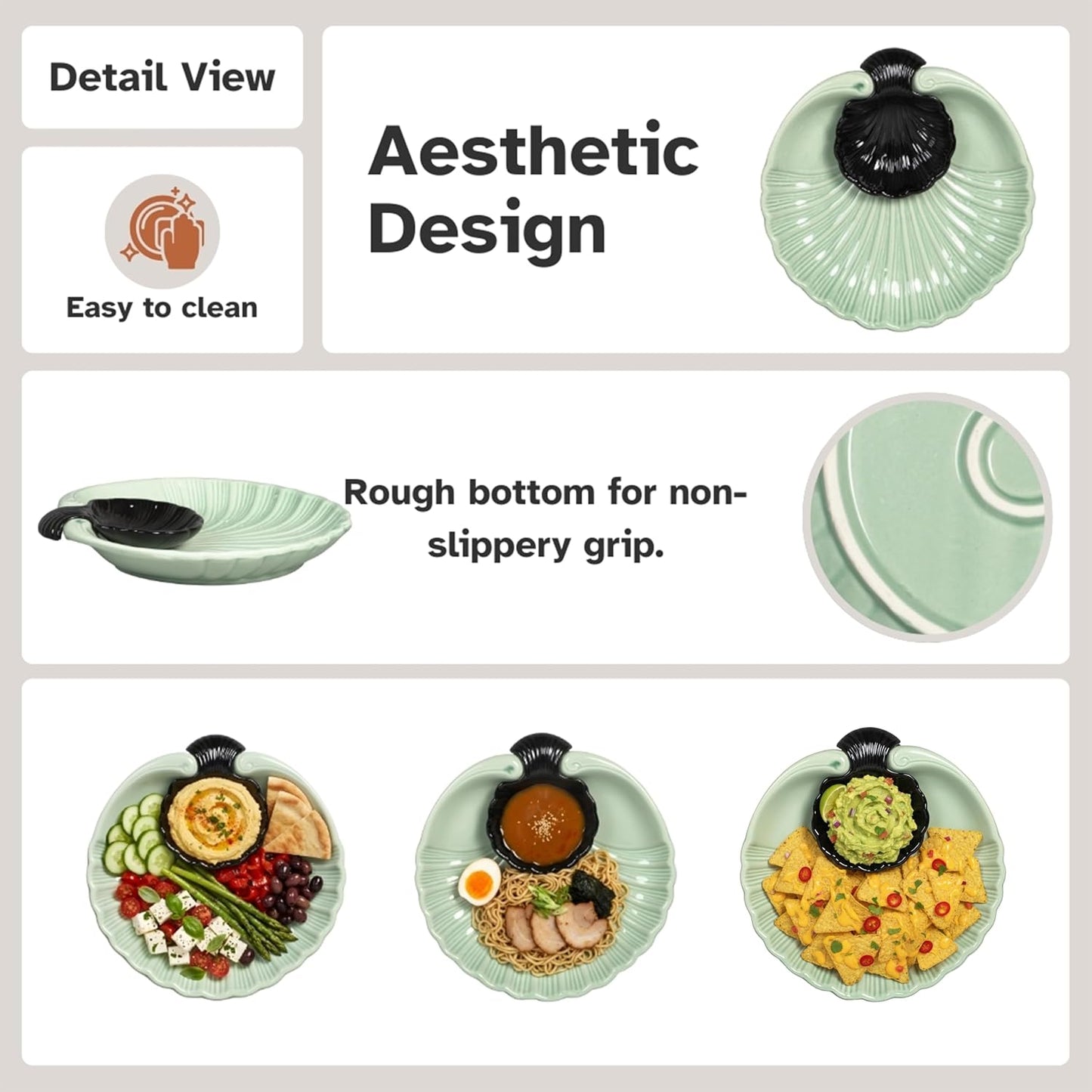 Servo Best Grey Ceramic Chip and Dip Platter, Shell Design Appetizer Serving Tray with Built-In Dip Bowl, Sectioned Snack Platter for Chips Salsa Veggies, Party Entertaining Serveware Gift