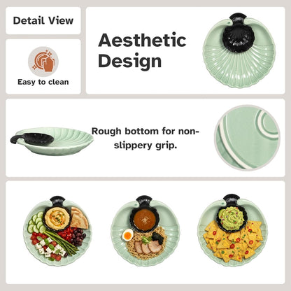 Servo Best Grey Ceramic Chip and Dip Platter, Shell Design Appetizer Serving Tray with Built-In Dip Bowl, Sectioned Snack Platter for Chips Salsa Veggies, Party Entertaining Serveware Gift