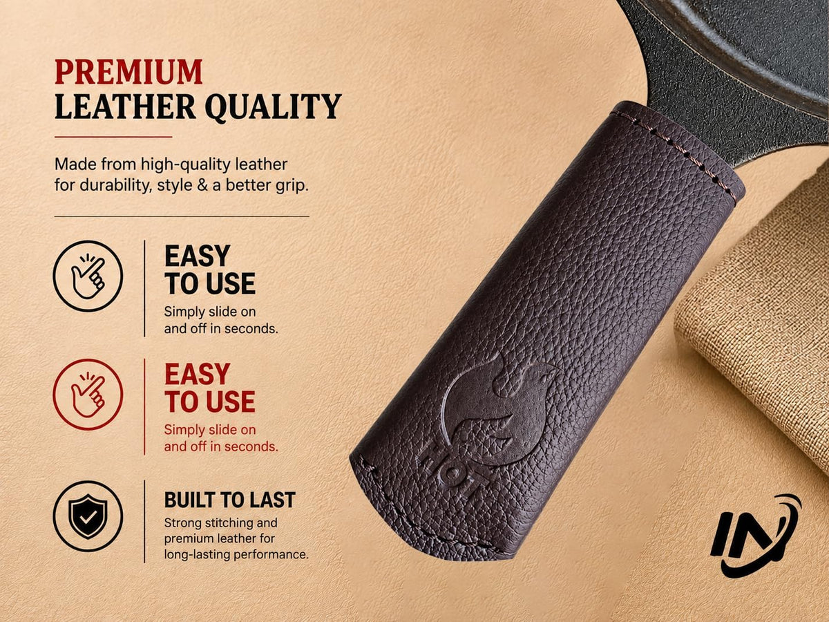 I.N Premium Leather Cast Iron Skillet Handle Cover (Standard 4.5) Thick Leather Heat Resistant Pan Handle Sleeve Holder for Cast Iron Handle Cover & Pans (Handmade)