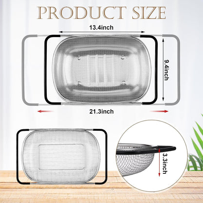Tioncy 2 Pcs Large Over The Sink Colander, 6 Quart Stainless Steel Colander with Fine Mesh or Grid, Strainer Basket with Expandable Rubber Handles, Strain, Drain, Rinse Vegetable Fruit for Kitchen