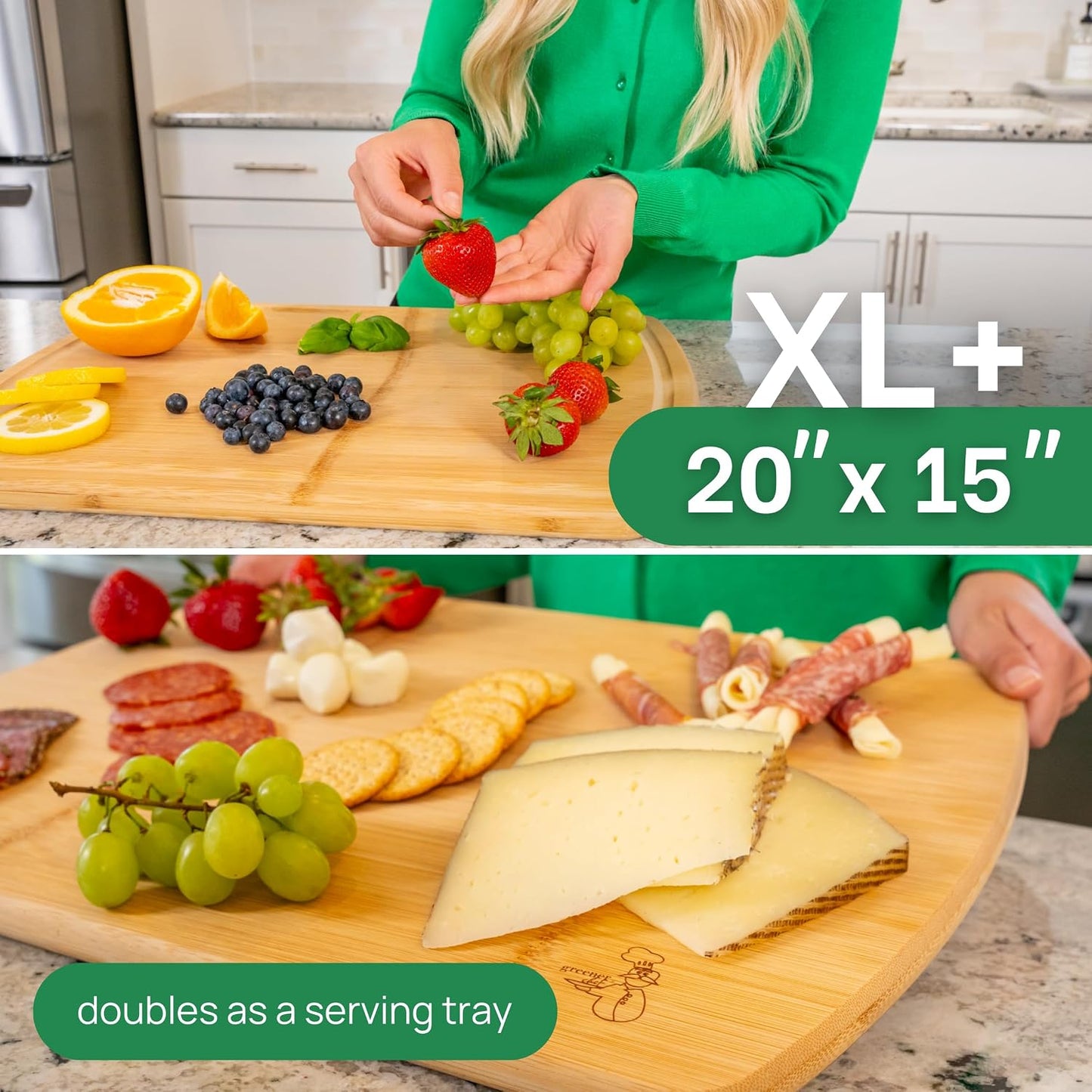 Greener Chef Luxury Bamboo Cutting Board Set of 3 with Glue-Free Surface Technology - Extra Spacious Wood Cutting Boards for Kitchen and XL Chopping Board Set - Replacements for Life