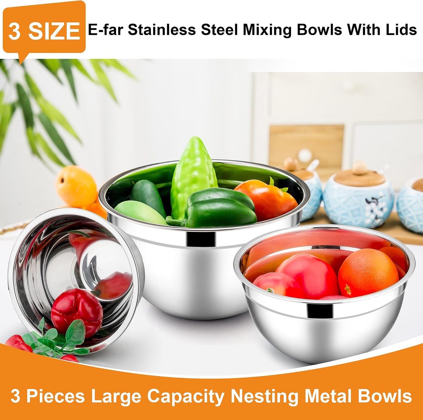 E-far Mixing Bowls With Lids Sets of 5, 10-Piece Stainless Steel Salad Metal Nesting Bowl for Baking Cooking and Prepping, Airtight Lid & Stackable Design, Size 4.6, 3, 2.1, 1.5, 0.7 QT, Black