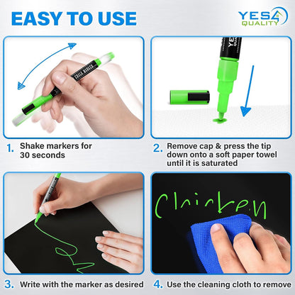 Magnetic Black Dry Erase Board for Fridge (12 x 8 inch), Stain-Resistant w/ 3 Magnetic, Fine-Tip Neon Chalk Markers & Eraser by Yes4Quality