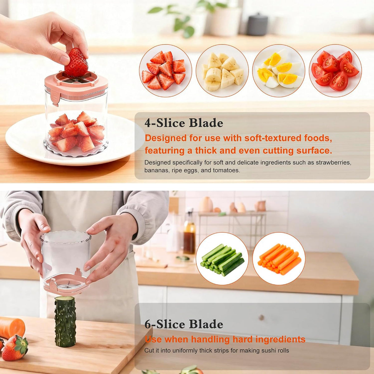Fruit Slicer Cup 4 (6) Slice Blade Detachable Perfect Salads Sushi Pink