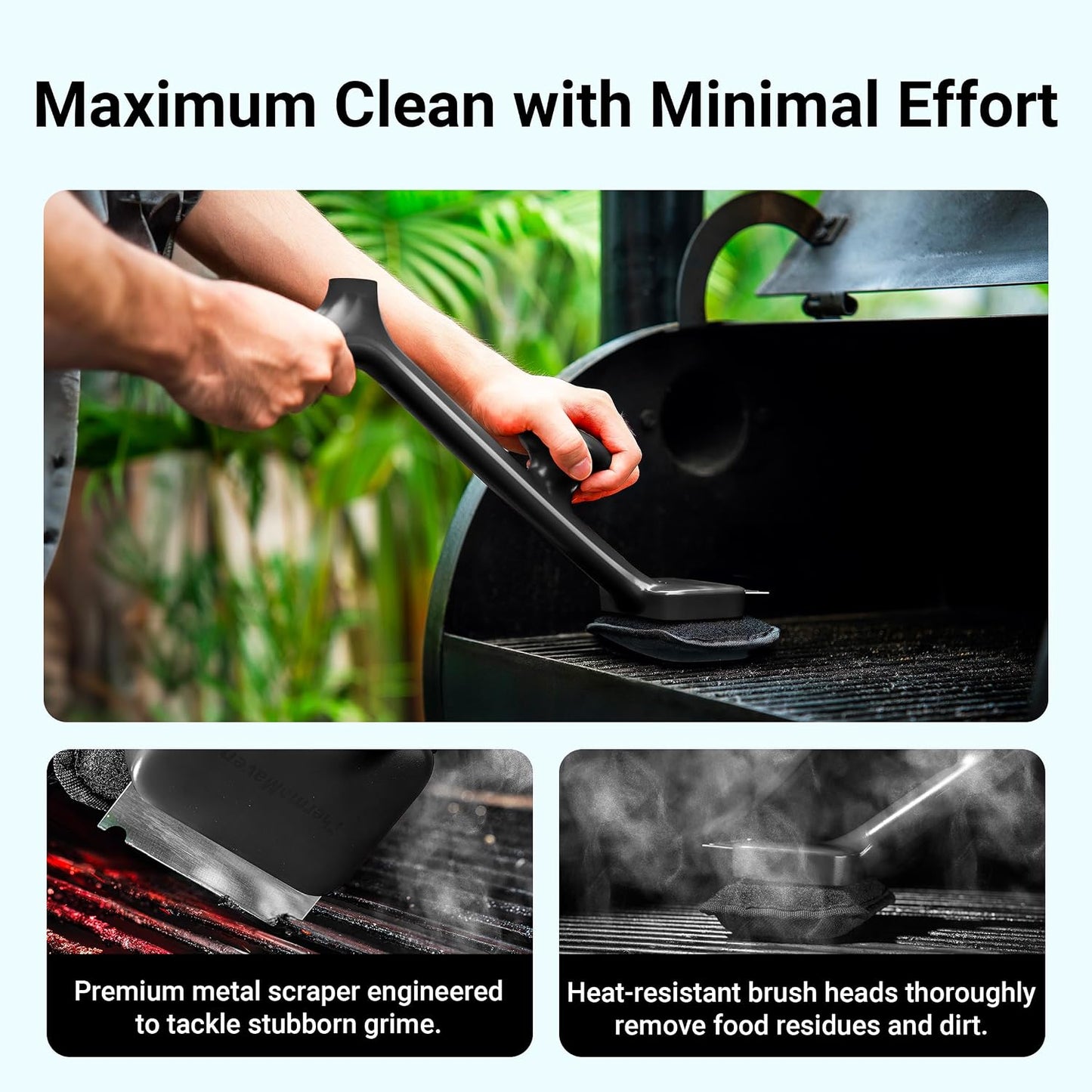 Thermomaven Grill Brush Bristle Free with 3 Replacement Brush Heads, Steam Grill Brush with Scraper, Non Metal Bristles for Cast Iron, Stainless-Steel Grates, Safe for Non-Stick Surface