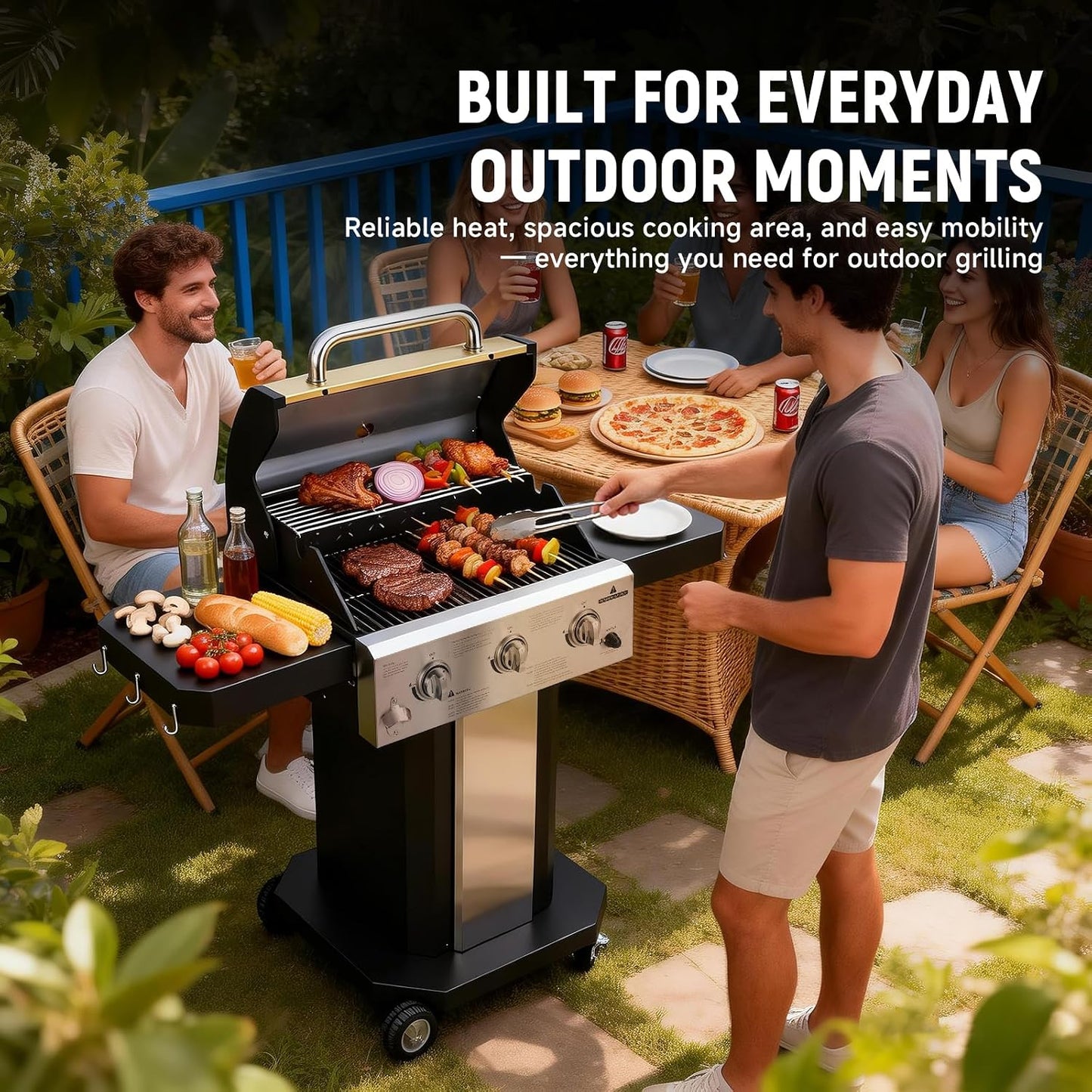 Redlife 3 Burner Propane Gas Grill, 30,000 BTU Outdoor BBQ Grill with Cast Iron Cooking Grates, Stainless Steel Warming Rack, Built-in Thermometer, Side Shelves, Removable Grease Tray, Yellow