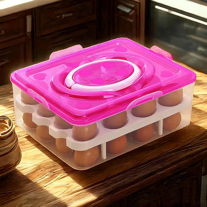 Ortable Large Capacity Double-layers Egg Storage Container Holds 24 Eggs Shatter-proof Non-slip Eggs Holder with Handle (Purple)
