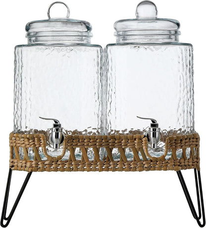 3 Gallon Glass Drink Dispenser with Metal Stand & Lid – Hammered Beverage Dispenser with Leakproof Spigot, Wide Mouth for Easy Fill – Ideal for Parties, Lemonade, Iced Tea, Sangria & More