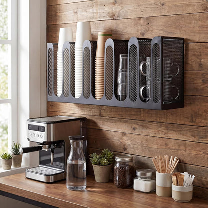 Maxcheck Metal Mesh Cup and Lid Holder Coffee Paper Cup Dispenser Lid Holder Storage Organizer Countertop or Wall Mount for Coffee Bar, Kitchen, Breakroom(4 Compartments,16.1 x 4.1 x 8 Inch)