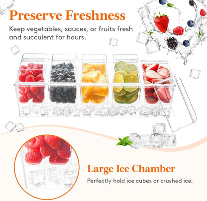 Lifewit Taco Bar Serving Set for Party with 5 x 20 oz Containers & Components, Ice Chilled Condiment Caddy Organizer, Garnish Serving Tray Platter for Mimosa Bar Accessories, Fruit, Salad, Food