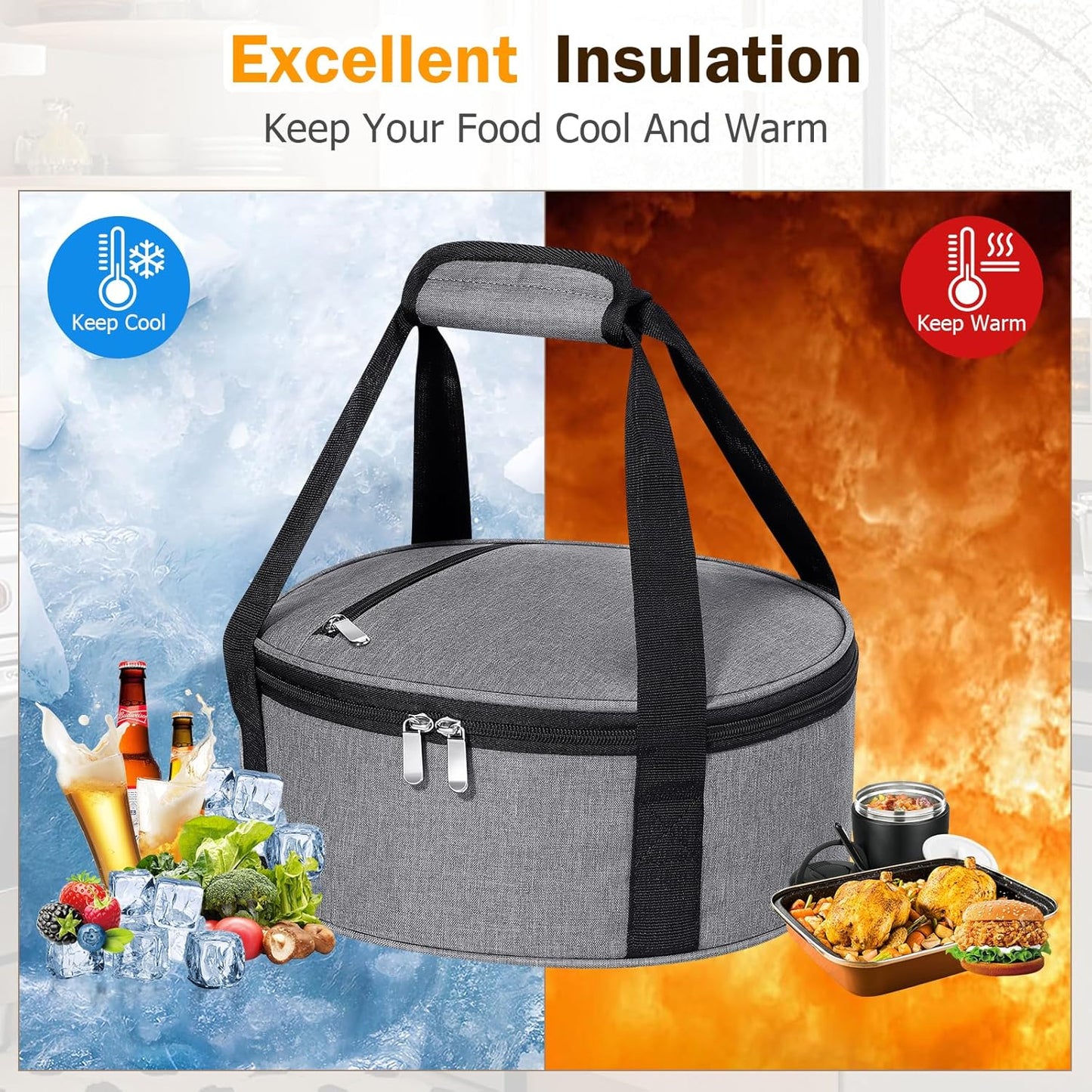 Round Insulated Casserole Carrier – 12" Portable Pie Carrier Bag for Hot or Cold Food, Leakproof Thermal Lunch Tote with Handle for Parties Picnic & Travel - Grey