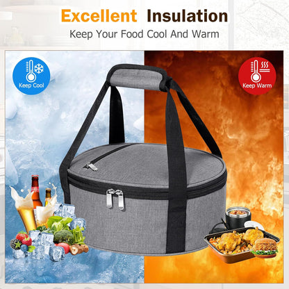 Round Insulated Casserole Carrier – 12" Portable Pie Carrier Bag for Hot or Cold Food, Leakproof Thermal Lunch Tote with Handle for Parties Picnic & Travel - Grey